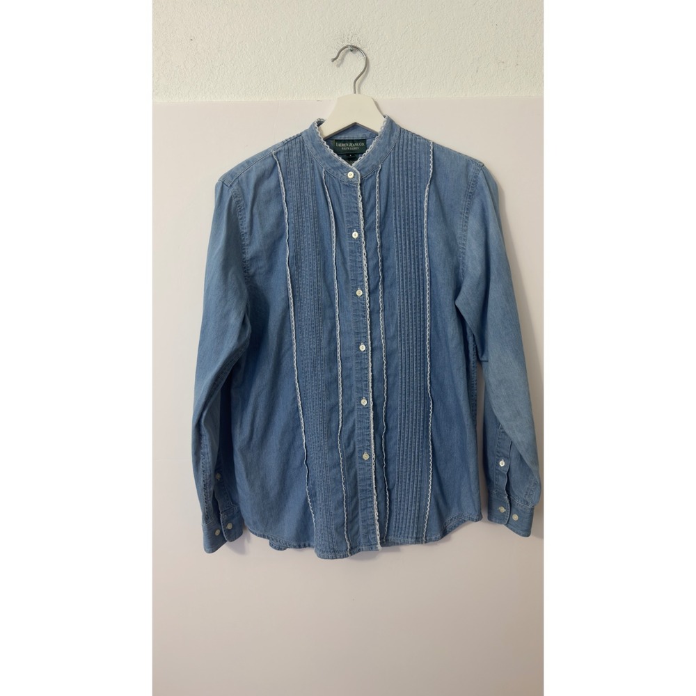 Laurenâ Ralph Lauren Denim Button Down Womens 4 Blue Pintuck Lace Trim Western